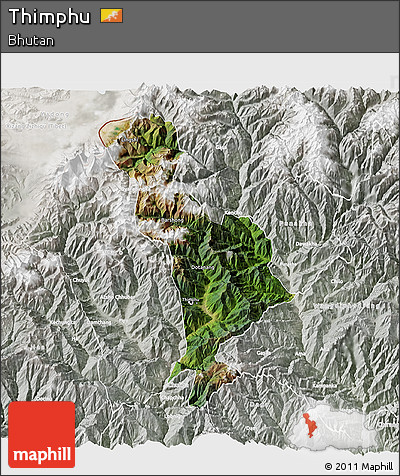 Satellite 3D Map of Thimphu, lighten, semi-desaturated