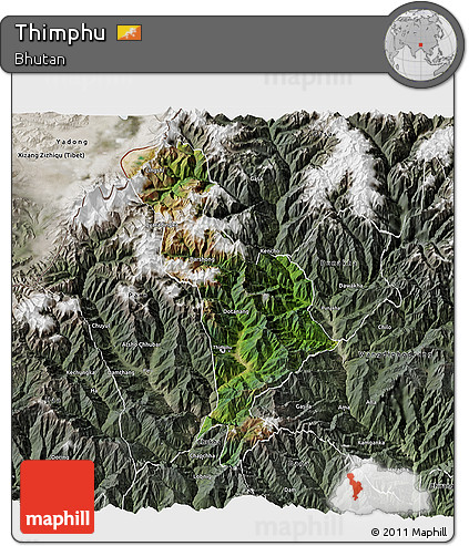 Satellite 3D Map of Thimphu, semi-desaturated