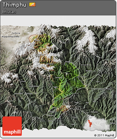 Satellite 3D Map of Thimphu, semi-desaturated