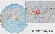 Gray Location Map of Thimphu, within the entire country, hill shading