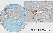 Gray Location Map of Thimphu, highlighted country, within the entire country, hill shading