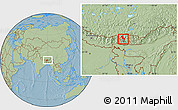 Savanna Style Location Map of Thimphu, within the entire country, hill shading