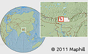 Savanna Style Location Map of Thimphu, highlighted country, within the entire country, hill shading