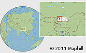 Savanna Style Location Map of Thimphu, highlighted country, within the entire country