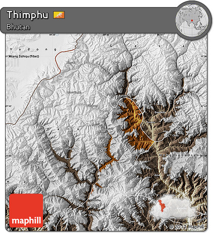Physical Map of Thimphu, semi-desaturated
