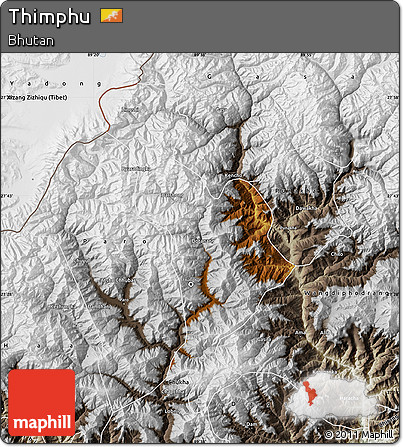 Physical Map of Thimphu, semi-desaturated