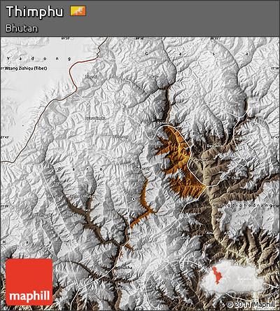 Physical Map of Thimphu, semi-desaturated