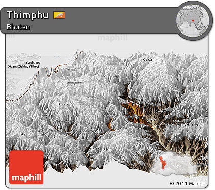 Physical Panoramic Map of Thimphu, semi-desaturated