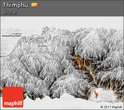 Physical Panoramic Map of Thimphu, semi-desaturated