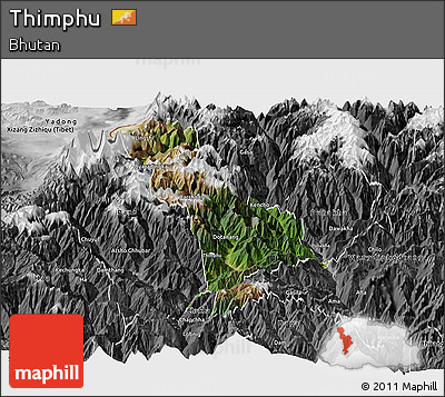 Satellite Panoramic Map of Thimphu, desaturated