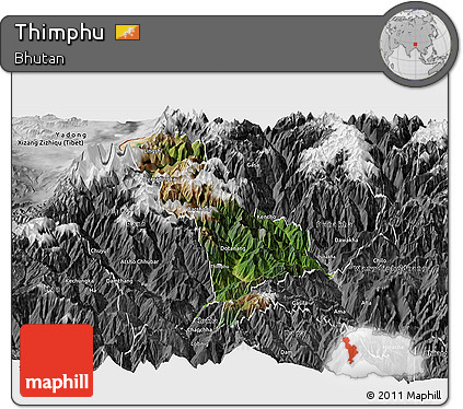 Satellite Panoramic Map of Thimphu, desaturated