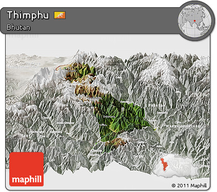 Satellite Panoramic Map of Thimphu, lighten, semi-desaturated