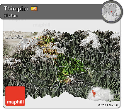 Satellite Panoramic Map of Thimphu, semi-desaturated