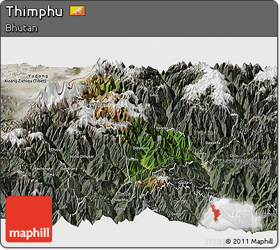 Satellite Panoramic Map of Thimphu, semi-desaturated