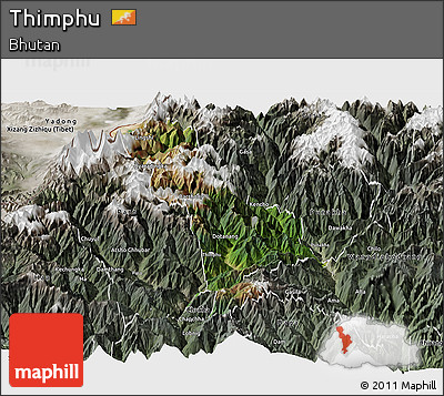 Satellite Panoramic Map of Thimphu, semi-desaturated
