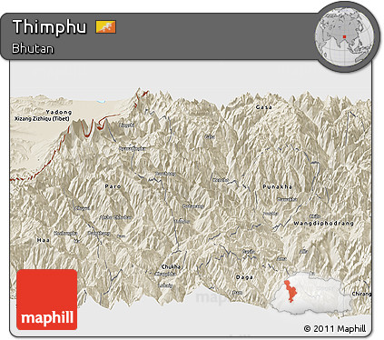 Shaded Relief Panoramic Map of Thimphu