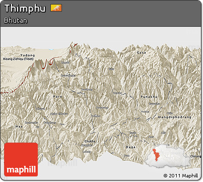 Shaded Relief Panoramic Map of Thimphu