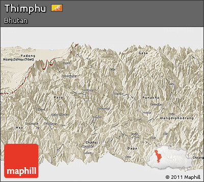 Shaded Relief Panoramic Map of Thimphu