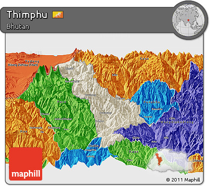 Shaded Relief Panoramic Map of Thimphu, political outside