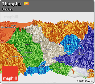 Shaded Relief Panoramic Map of Thimphu, political outside