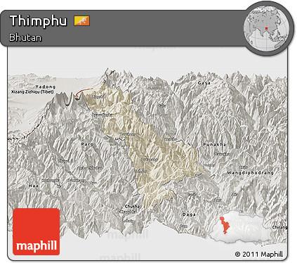 Shaded Relief Panoramic Map of Thimphu, semi-desaturated