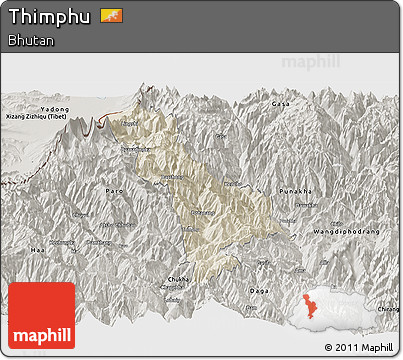 Shaded Relief Panoramic Map of Thimphu, semi-desaturated