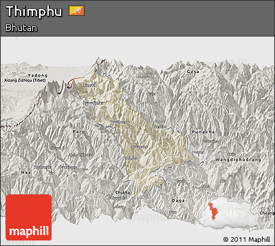 Shaded Relief Panoramic Map of Thimphu, semi-desaturated