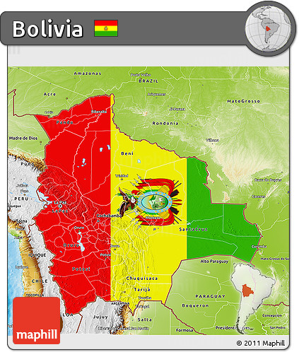 Flag 3D Map of Bolivia, physical outside, flag aligned to the middle