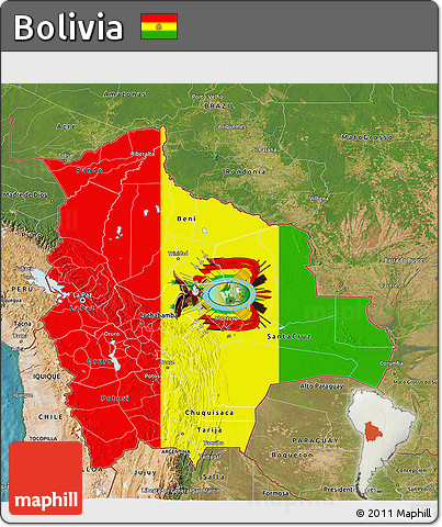 Flag 3D Map of Bolivia, satellite outside, flag aligned to the middle