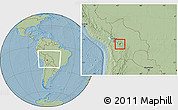 Savanna Style Location Map of Quillacollo, within the entire country, hill shading