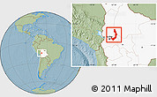 Savanna Style Location Map of Sud Yungas, highlighted country, hill shading