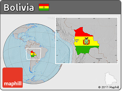 Flag Location Map of Bolivia, gray outside, hill shading outside
