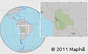 Savanna Style Location Map of Bolivia, gray outside, hill shading inside