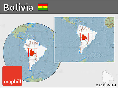 Savanna Style Location Map of Bolivia, highlighted continent, within the entire continent, hill shading