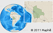 Savanna Style Location Map of Bolivia, shaded relief outside, hill shading