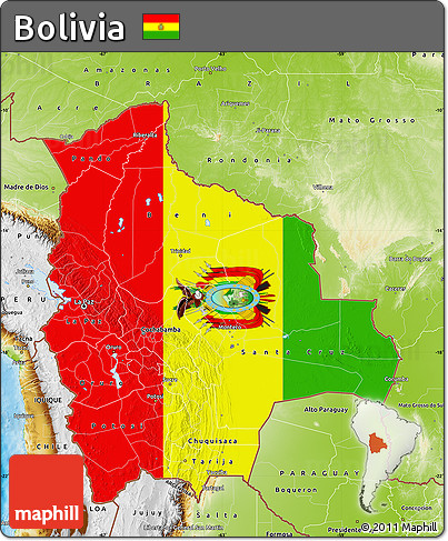Flag Map of Bolivia, physical outside, flag rotated