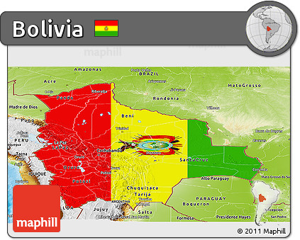 Flag Panoramic Map of Bolivia, physical outside, flag rotated