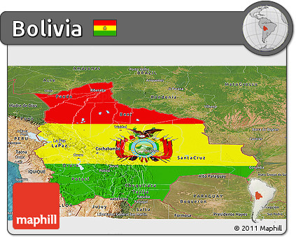 Flag Panoramic Map of Bolivia, satellite outside, flag centered