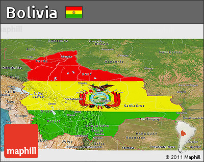 Flag Panoramic Map of Bolivia, satellite outside, flag centered