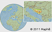 Physical Location Map of Bosnia and Herzegovina, savanna style outside, hill shading