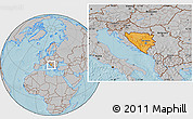 Political Location Map of Bosnia and Herzegovina, gray outside, hill shading