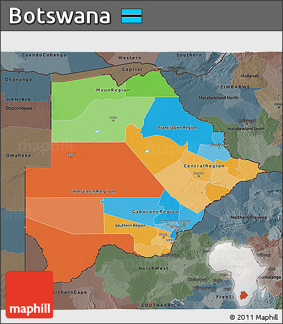 Political 3D Map of Botswana, darken, semi-desaturated
