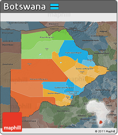 Political 3D Map of Botswana, darken, semi-desaturated