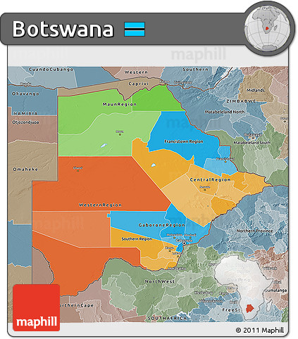 Political 3D Map of Botswana, semi-desaturated