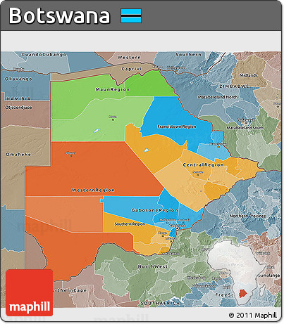 Political 3D Map of Botswana, semi-desaturated