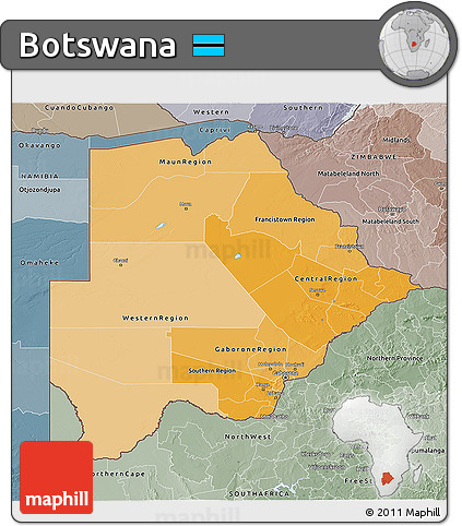 Political Shades 3D Map of Botswana, semi-desaturated