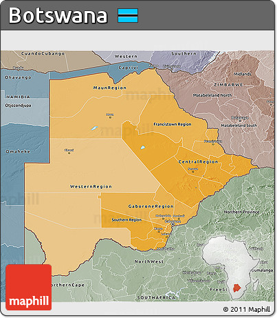Political Shades 3D Map of Botswana, semi-desaturated