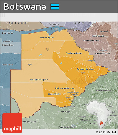 Political Shades 3D Map of Botswana, semi-desaturated