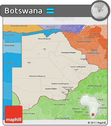 Shaded Relief 3D Map of Botswana, political shades outside