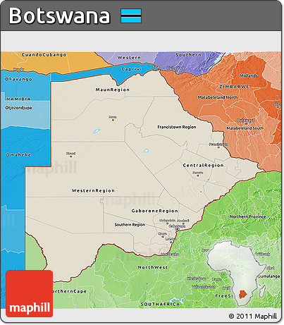 Shaded Relief 3D Map of Botswana, political shades outside